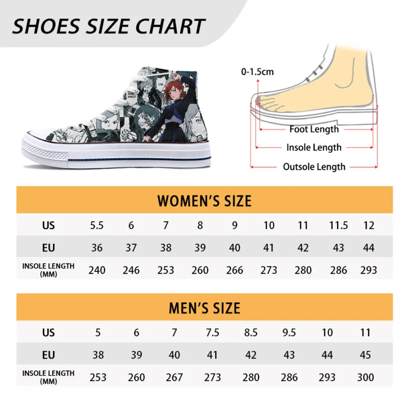 Nobara Kugisaki High-Top Canvas Sneakers | Manga Panel Background | Fall 2021 Edition | Unisex Jujutsu Kaisen Shoes size chart