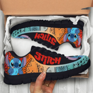 Stitch Tribal Black Sneakers | Unisex Lilo & Stitch Mandala Art | Handmade Athletic Shoes for Men, Women & Kids | Bold and Comfortable Disney Footwear