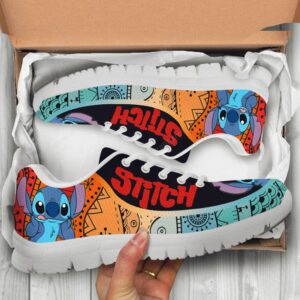 Stitch Tribal White Sneakers | Unisex Lilo & Stitch Mandala Design | Handmade Casual Shoes for Men, Women & Kids | Vibrant Disney Footwear