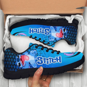 Vibrant Blue Stitch Sneakers | Unisex Lilo & Stitch Black Shoes | Handmade Athletic Sneakers for All Ages | Disney-Inspired Comfort